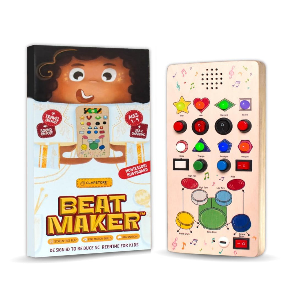 Clapstore Beatmaker Montessori Busyboard , Interactive Sound and Light Sensory Toy for Toddlers Ages 1-6, Promotes Musical Learning, Enhances Hand-Eye Coordination and Develops Fine Motor Skills