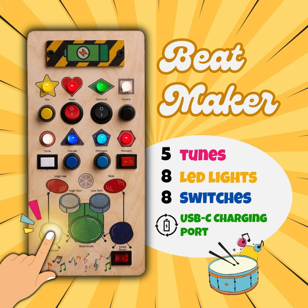 Clapstore Beatmaker Montessori Busyboard , Interactive Sound and Light Sensory Toy for Toddlers Ages 1-6, Promotes Musical Learning, Enhances Hand-Eye Coordination and Develops Fine Motor Skills