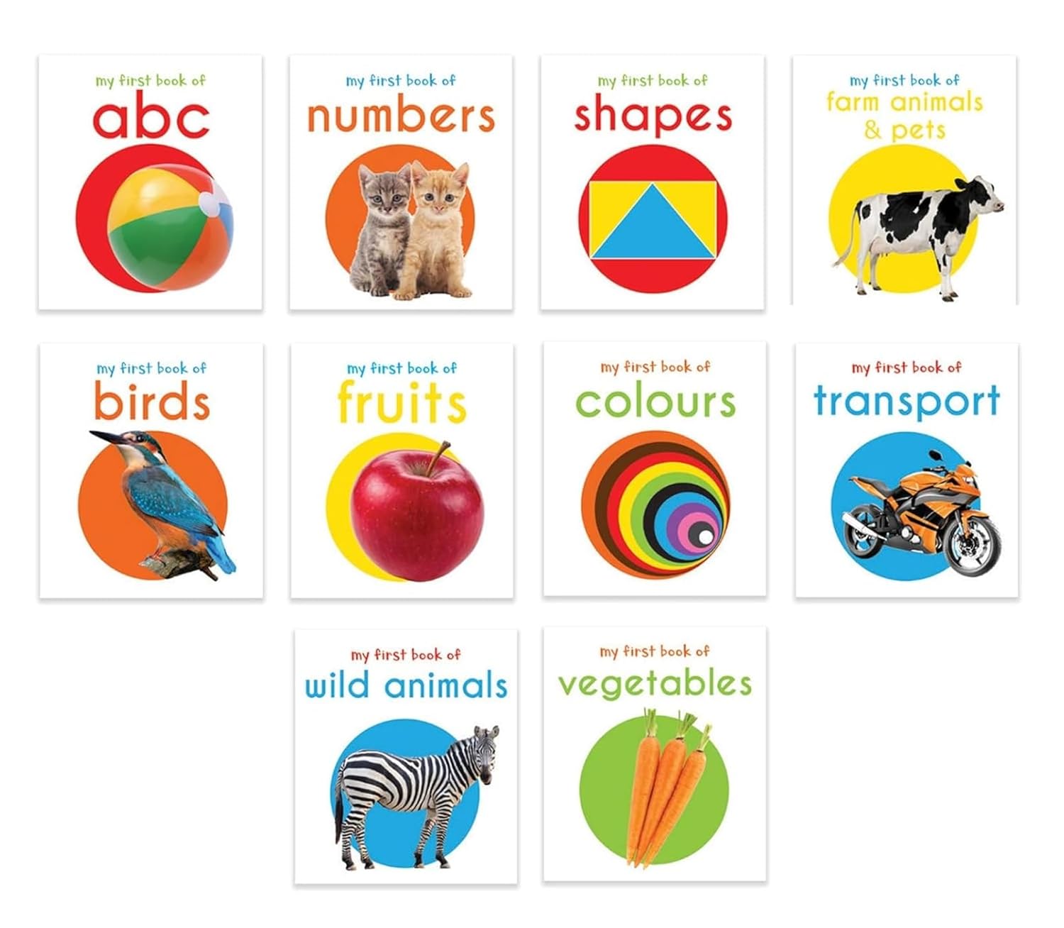 My First Library: Boxset of 10 Board Books for Kids (Pack 1) | Includes ABC, Numbers, Shapes, Colors, Wild Animals, Farm Animals & Pets, Birds, Fruits, Vegetables & Transport | Ages 0-3 Years